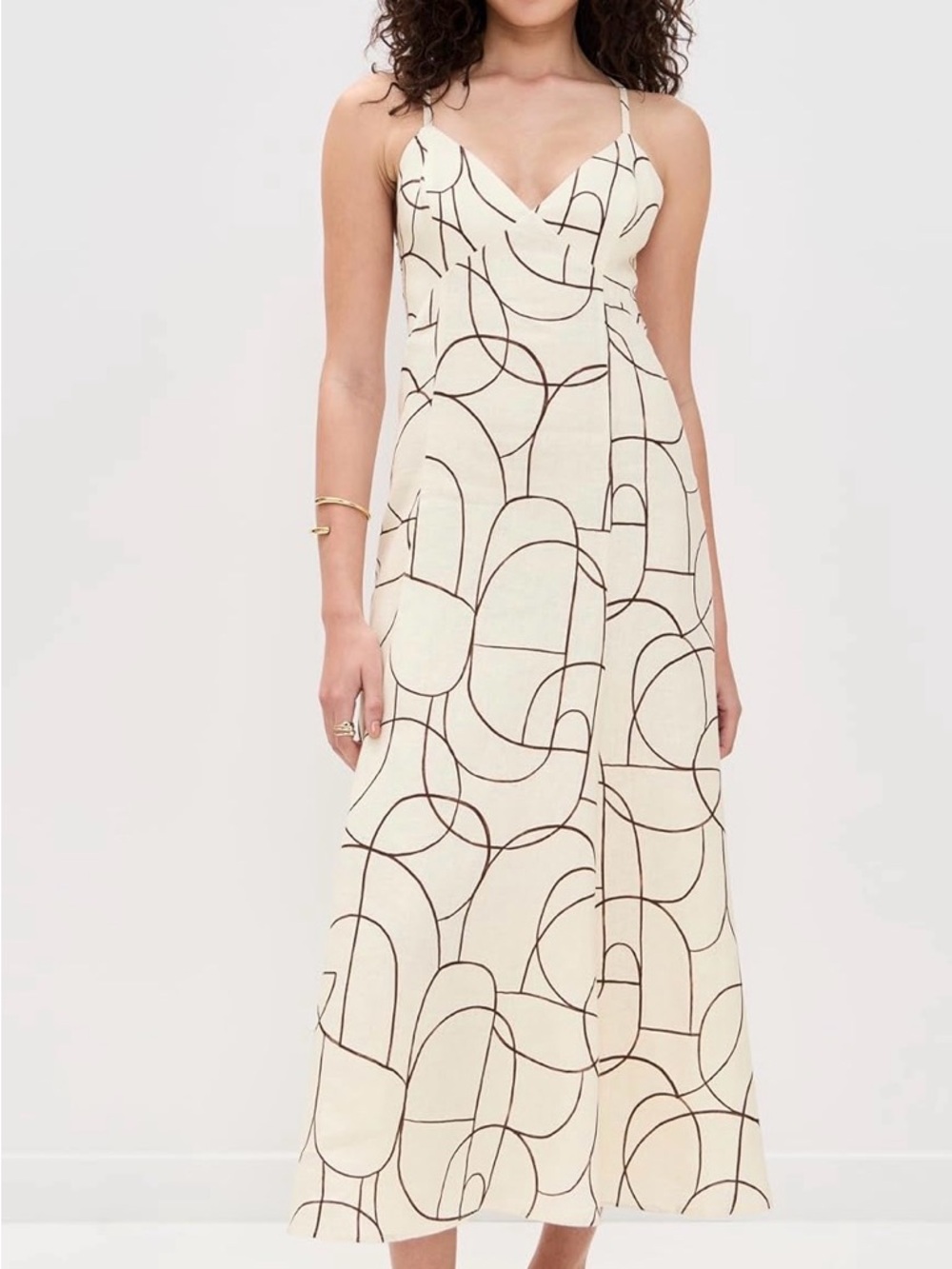 Cream Geometric Print Spaghetti Strap Midi Dress